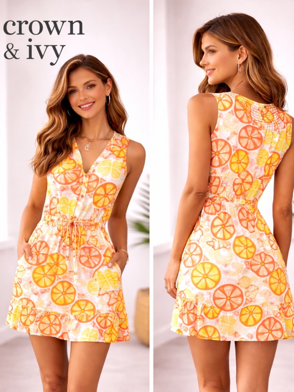 CROWN & IVY,SOUTH OF THE BORDER Drawstring Waist,Sleeveless, Lemons,GUC, Size 8